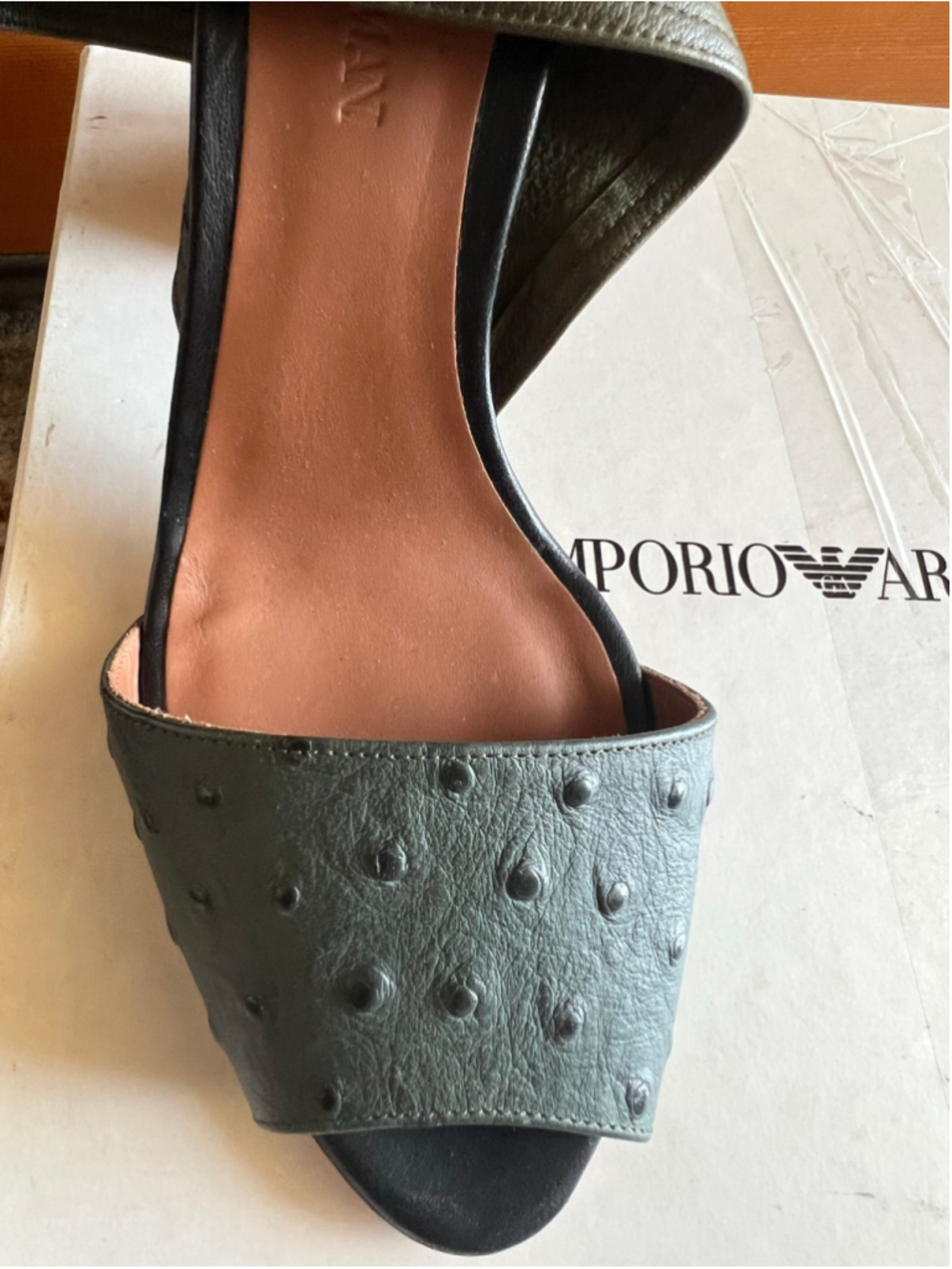Emporio Armani Ostrich-Embossed Wedge Sandals in Olive Green 39/9 - Picture 5 of 10